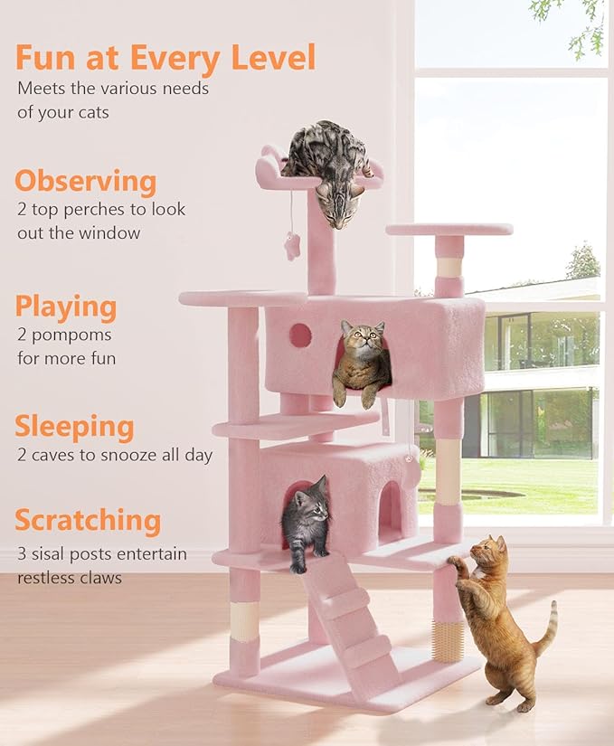54" Cat tree Tower for Indoor Cats Large Adult,Cute/Tall Modern Cat Tree for Big Cats 20 lbs,Plush Multi-Level Cat Condo with Scratching Posts, Dangling Ball for fun play (Soft Pink, 54 inch)-PurrikoPets