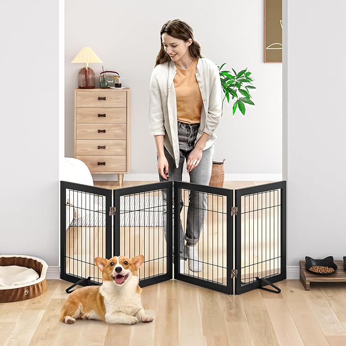 Dog Gate Wire Dog Gates for House Doorways Stairs 24-Inch Freestanding Pet Gate Puppy Fences Indoor (4 Panel, Black)-PurrikoPets