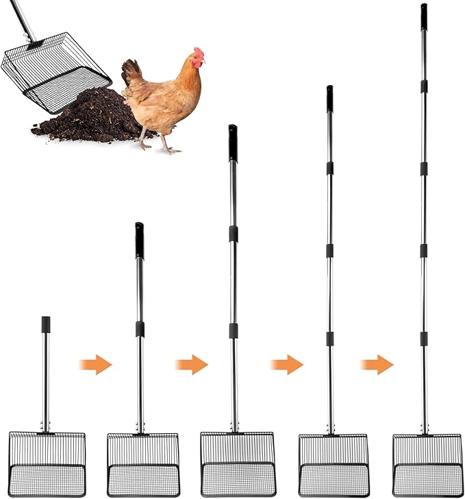 10inch Chicken Poop Scooper, Chicken Coop Scoop for Poop, 4 Sections Extended with 22 to 77inch Stainless Steel Adjustable Handle, Litter Scooper Sifting Shovel-PurrikoPets