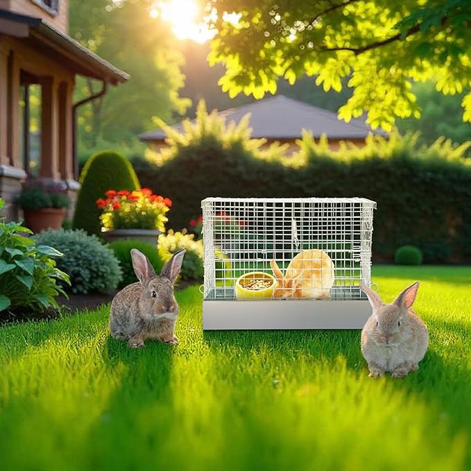 Folding Rabbit Cage, 18 x 10 x 14 in Portable Bunny Carrier with Tray and Handles for Transport, Travel or Temporary Housing, Indoor Outdoor Pet Habitat Animal Enclosure-PurrikoPets