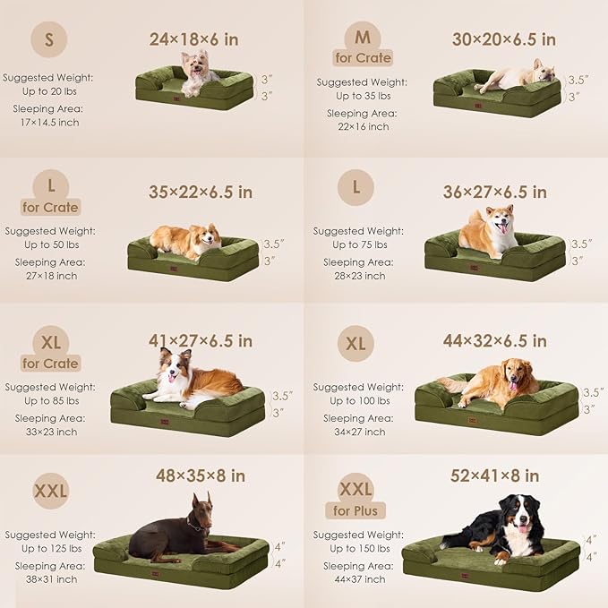 EHEYCIGA Orthopedic Dog Beds for Large Dogs, Waterproof Memory Foam Large Dog Bed with Sides, Non-Slip Bottom and Egg-Crate Foam Pet Couch Bed with Washable Removable Cover, Olive Green-PurrikoPets