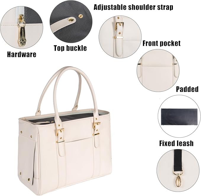 Fashion Pet Carrier Dog Purse Cat Bag Soft-Sided Carriers Travel Airline Approved, Stylish Leather Tote Handbag for Small Animal Puppy Kitten (White)-PurrikoPets