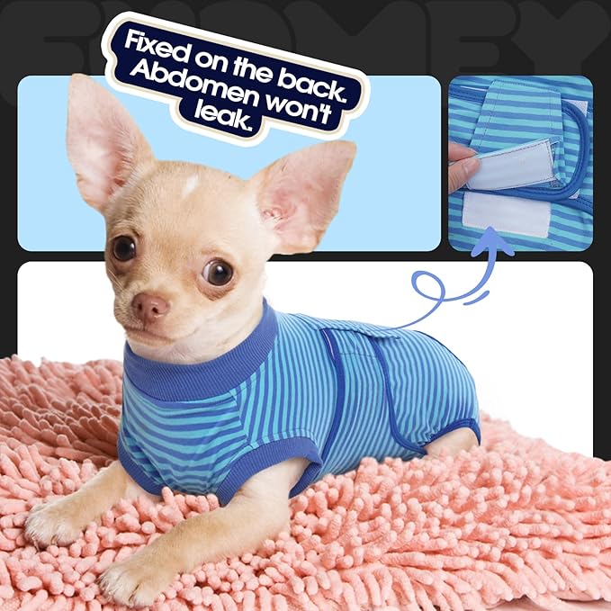 FUAMEY Recovery Suit for Dogs After Surgery,Soft Breathable Dog Bodysuit E-Collar & Cone Alternative Surgical Suit,Male Female Dog Neuter Spay Suits Anti Licking Wounds Onesie Navy Blue Strips XS-PurrikoPets