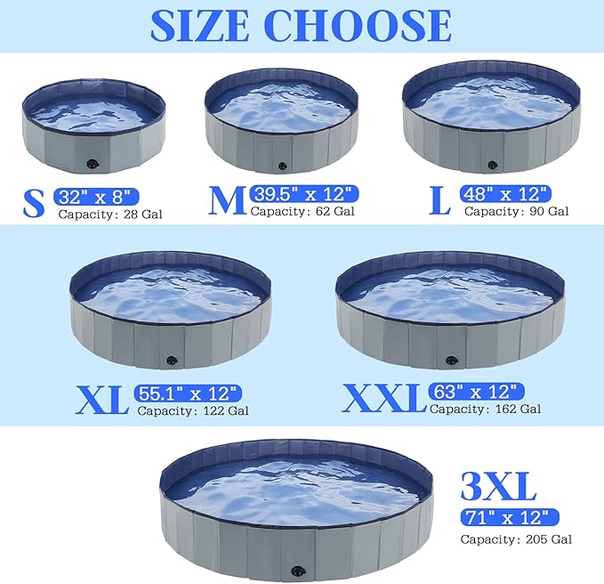 Foldable Dog Bath Swimming Pool 71'' Plastic Kiddie Pool Professional Tub Collapsible Grooming Bathtub for Pets Kids Baby and Toddler, 71 x 12 Inches Gray-PurrikoPets