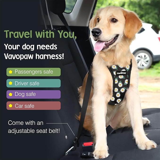 Dog Seat Belt, Safety Vest Dog Car Harness with Adjustable Buckle Dog Seat Belt for Vehicle Nylon Pet Safety Seat Belts Heavy Duty(S, Black Daisy)-PurrikoPets