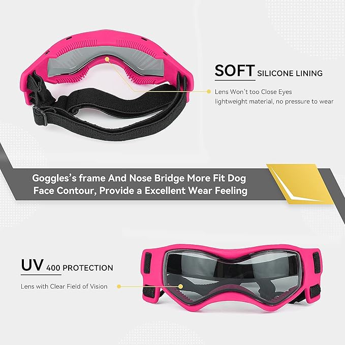 Dog Goggles Dog Sunglasses for Small Breed UV Protection Windproof with Adjustable Head Straps Chin Straps for Ride Car/Hiking Travel/On Beach-Pink-PurrikoPets