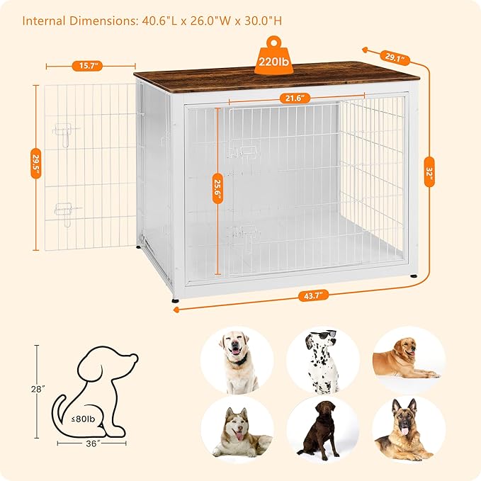 DWANTON Dog Crate Furniture with Cushion, Wooden Kennel Table with Double Doors, Indoor Dog House, Extra Large Size, 43.3" L, White+Rustic Brown-PurrikoPets