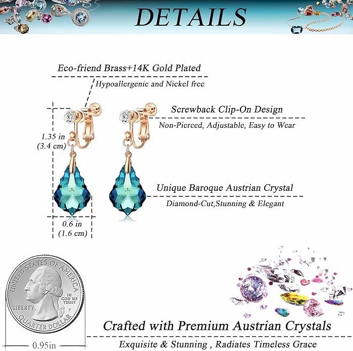 Austrian Crystal Baroque Drop Clip On Dangle Earrings for Women Non Pierced 14K Rose Gold Plated Hypoallergenic Jewelry