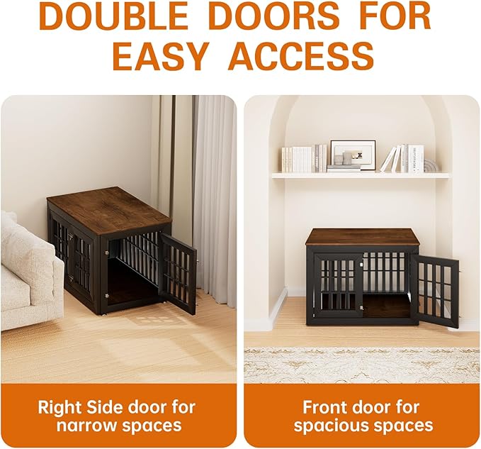 38" Heavy Duty Dog Crate Furniture for Small,Medium and Large Dogs,Rustic Wooden Dog Cage Kennel Indoor Furniture with Waterproof Top,Decorative Pet House Side End Table (Black & Wood)-PurrikoPets