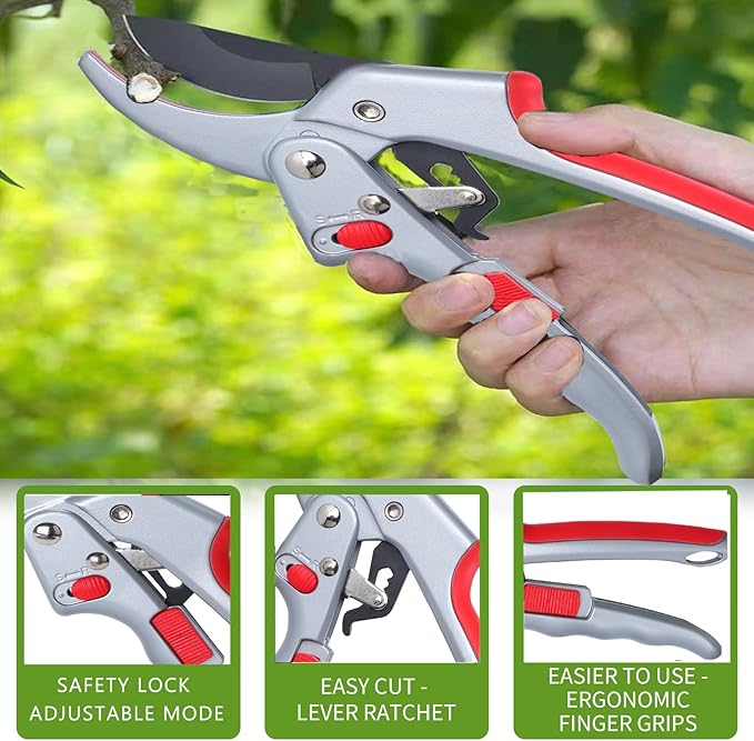 Garden clippers, premium Germany pruners, Work 3 times easier, professional ratchet pruning shears, cutting rose, flower, hedge, stem, tree, Sharp gardening scissors, Arthritis weak hand snips-PurrikoPets