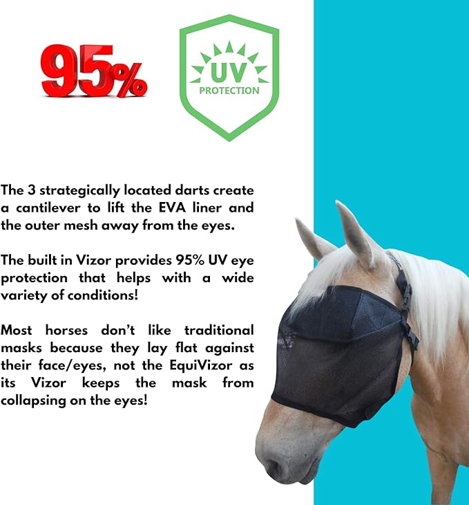 EquiVizor 95% UV Eye Protection (XL) Standard Horse Fly Mask - Help with Uveitis, Corneal Ulcer, Light Sensitivity. Designed to Stay On Your Horse.-PurrikoPets