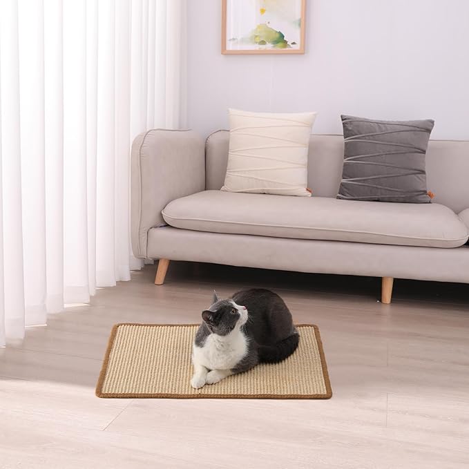 FUKUMARU Cat Scratcher Mat, 23.6 X 15.7 Inch Natural Sisal Cat Scratch Mats, Horizontal Cat Floor Scratching Pad Rug with Sticky Tapes, Protect Sofa and Carpet-PurrikoPets