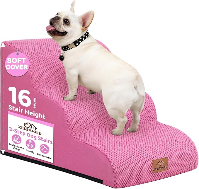 Dog Ramp and Stair for Bed 16" H-20 H,3-Step Cat Stair for Sofa and Chair,4-Step Dog Ramp for High Bed and Window,Durable Nonslip Fabric Cover for Indoor (Pink-16 H, Pet Friendly, 3)-PurrikoPets