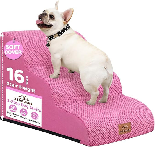 Dog Ramp and Stair for Bed 16" H-20 H,3-Step Cat Stair for Sofa and Chair,4-Step Dog Ramp for High Bed and Window,Durable Nonslip Fabric Cover for Indoor (Pink-16 H, Pet Friendly, 3)-PurrikoPets