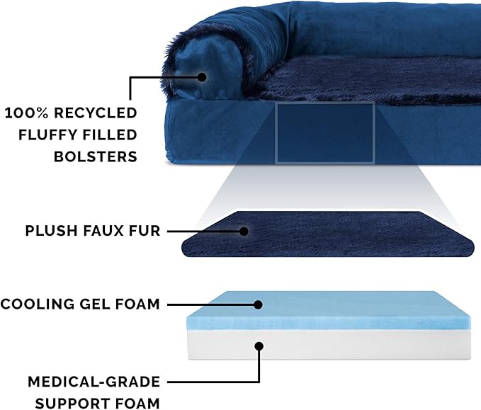 Furhaven Cooling Gel Dog Bed for Large Dogs w/ Removable Bolsters & Washable Cover, For Dogs Up to 125 lbs - Plush & Velvet L Shaped Chaise - Deep Sapphire, Jumbo Plus/XXL-PurrikoPets