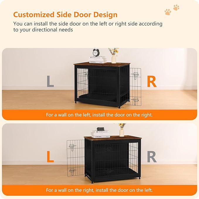 DWANTON Dog Crate Furniture with Cushion, Wooden Kennel Table with Double Doors, Indoor Dog House, Medium Size, 32.5" L, Black+Rustic Brown-PurrikoPets
