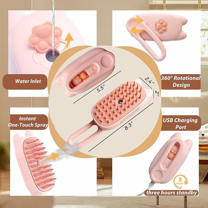 4 in 1 Cat Steam Brush Rechargeable Anti-Static Pet Spray Hair Removal Comb for Shedding and Grooming Multi-functional Pet Massage Brushes for Cats Dogs Small Animals-PurrikoPets