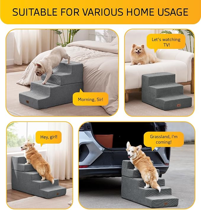 Dog Stairs for Bed, Dog Steps for Bed Couch Sofa, 35D Foam Pet Steps for Small Dogs and Cats, Extra Wide Pet Stairs with Non-Slip Bottom Grey, 3 Steps-PurrikoPets