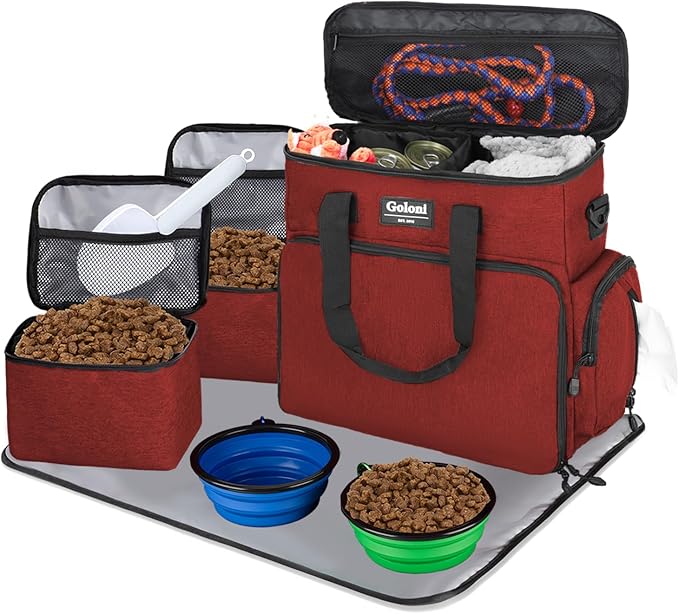 Dog Travel Bag Airline Approved–Pet Travel Tote with Collapsible Bowls,Food Containers & Feeding Mat–Multi-Pocket Organizer for Dogs & Cats, Durable & Water-Resistant for Hiking,Trips,Outdoors-PurrikoPets
