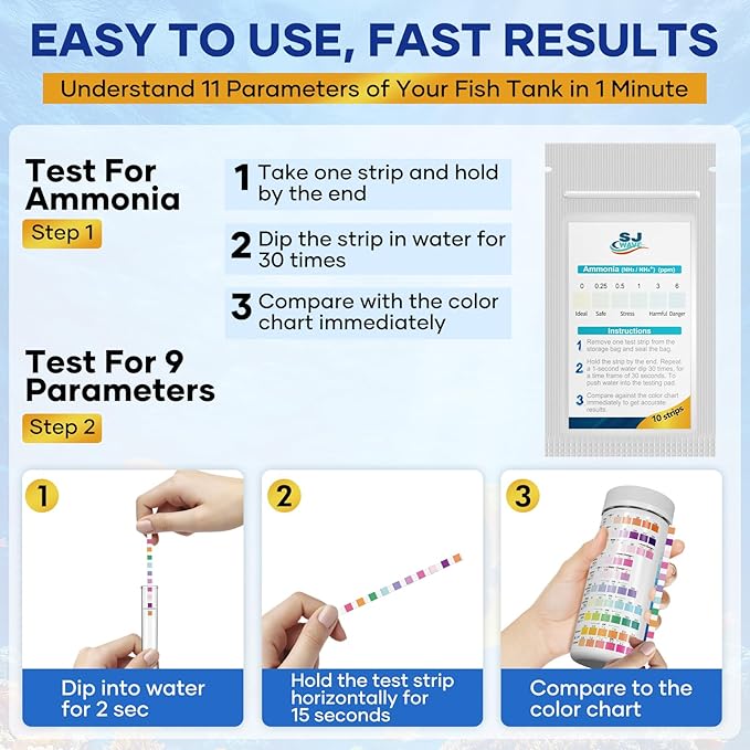 11 in 1 - Aquarium Test Strips | 950 Tests - 150 Strips | Fish Tank Aquariums Water Test Kit & ebook | Aquarium Thermometer | Fish Tank Water Testing Kit Includes 50 Ammonia Strips | Versatile Usage-PurrikoPets