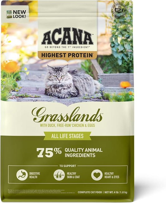 ACANA Highest Protein Grasslands Grain-Free Dry Cat Food, Duck, Free-Run Chicken and Eggs Cat Food Recipe, 4lb-PurrikoPets