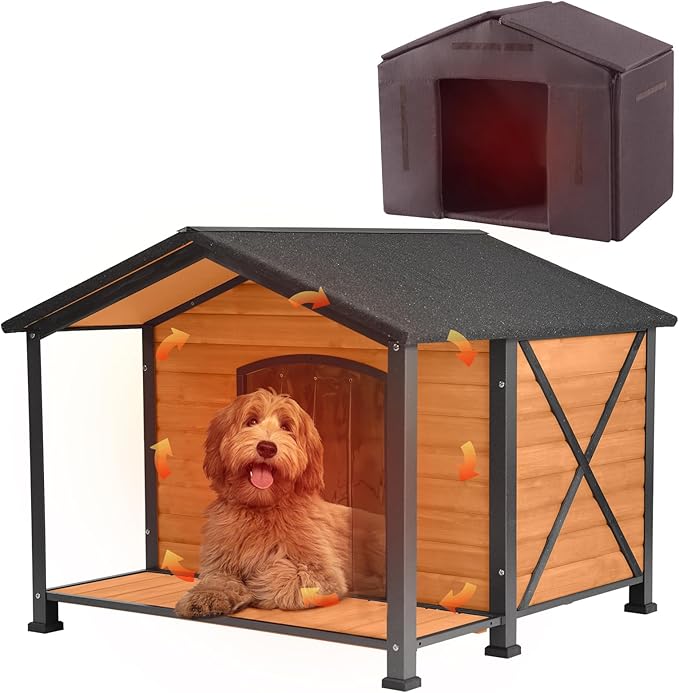 Extra Large Dog House Outdoor & Indoor, Insulated Liner Dog Kennel Weatherproof for Winter, 6 Sides All-Round Foam with Strong Metal Chew Proof Frame, for Small Medium Large Dogs-PurrikoPets