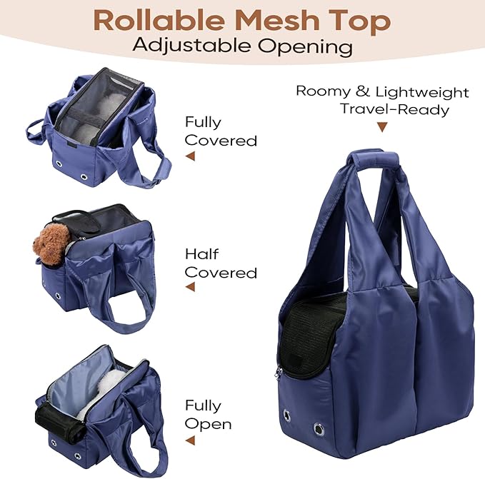 Dog Purse Carrier for Small Dogs, Cats, and Puppies – Soft-Sided Travel Pet Tote Bag with 4 Large Pockets, Foldable, Lightweight, Fits Pets up to 15 lbs, for Travel, Outings (Dark Blue)-PurrikoPets