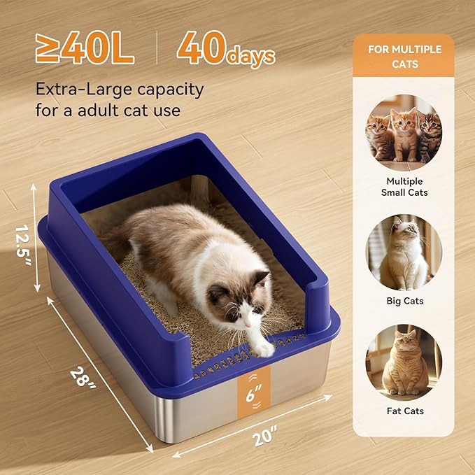 28" Extra Large Stainless Steel Cat Litter Boxes with Lid Metal Cat Litterbox Pan for Big Cats and Multiple Cats, Anti-Leakage, Easy Cleaning, Include Scoop-PurrikoPets