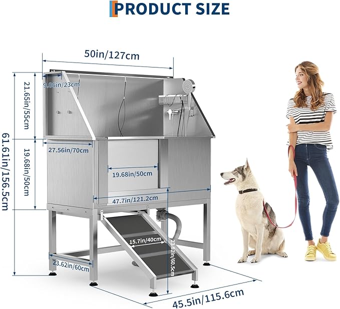 50" Stainless Steel Professional Dog Washing Station - Pet Bathing Tub w/Non-Slip Ramps | Slip-Resistant Floor Grate | for Large/Medium/Small Dogs-PurrikoPets