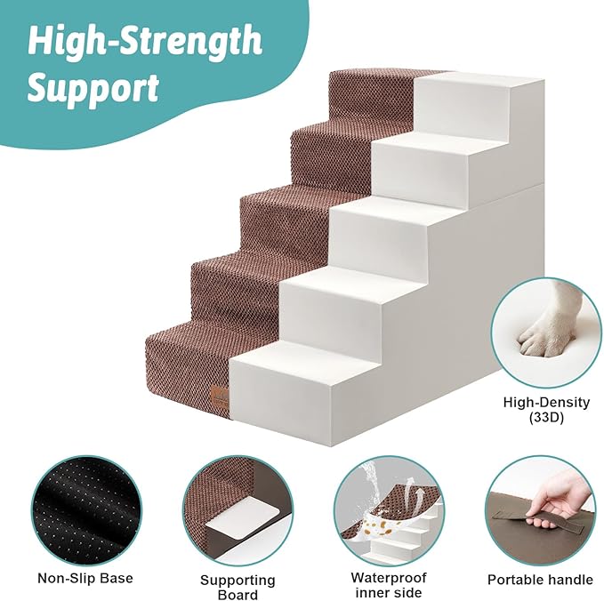 Dog Stairs for Small Dogs, 5 Tier Removable Wider Pet Stairs for Couch and Bed, 23.6" H Non-Slip Dog Steps for Puppies and Old Cats with Support Board, 29.5x19.7x23.6 inch, Brown-PurrikoPets