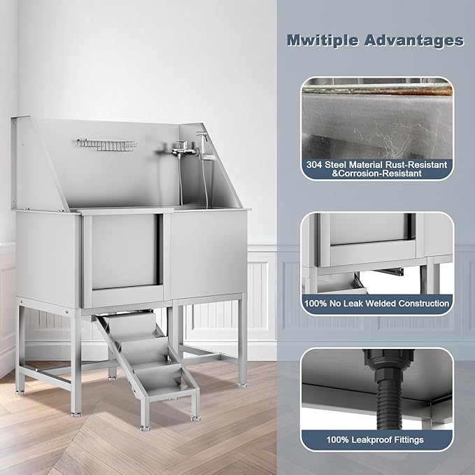 50" Dog Bathtub for Large Dogs, Professional Dog Washing Station with Wash Tub Attachment, Bath Pool for Outdoor, Indoor Shower and Grooming (50" Left Door)-PurrikoPets