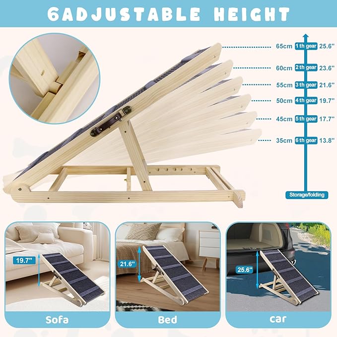 Dog Ramp for Bed, 6 Adjustable Height from 13.8" to 25.6", Folding Portable Wooden Pet Ramp for Small Dogs - Non-Slip High Traction Dog Ramp for High Bed Couch and Car Up to 200lbs-PurrikoPets