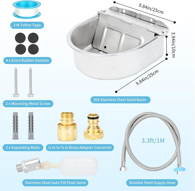 FHTONGE 304 Stainless Steel Automatic Dog Water Bowl Dispenser with Drainage and Float Valves, Large Auto Fill Dog Waterer for Outdoor Big Dogs Livestock Poultry Horse Cow Goat Pig Chicken Duck Rabbit-PurrikoPets