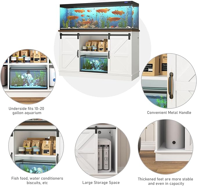 Farmhouse 55-75 Gallon Fish Tank Stand with Power Outlet, Aquarium Stand with Cabinet&Sliding Barn Door, Heavy Duty Reptile Tank Stand for 2 Fish Tank/Turtle Tank/Reptile Terrarium, White-PurrikoPets