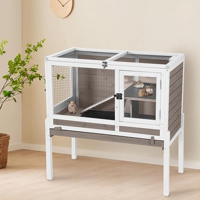 AIVITUVIN Wooden Guinea Pig Cage Indoor with Cooling Plate and Anti-Chewing Edges Two-Story Rabbit Hutch Pull Out Tray Outdoor Rabbit Cage with Raised Stand and Wire Mesh Small Animals Cage (Brown-PurrikoPets