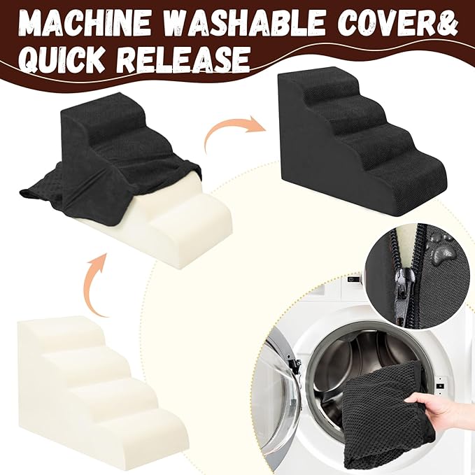 Dog Stairs for Small Dogs - High Density Foam Pet Steps, Extra Wide Dog Ramp with Non-Slip Bottom for High Beds, Couch and Sofa, Best for Dogs Injured, Older Doggy Cats, 4 Steps, Black-PurrikoPets