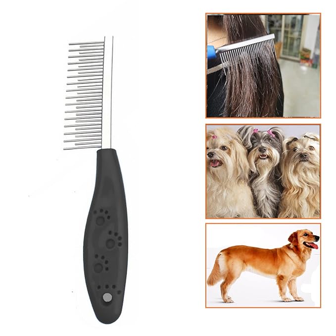 Dog or Cat Comb Grooming with Short and Long Teeth Dematting Knots Tangles Remover Combs Detangler Tool Suitable for Dogs Cats Poodle HorseStainless Steel Pin (Black)-PurrikoPets