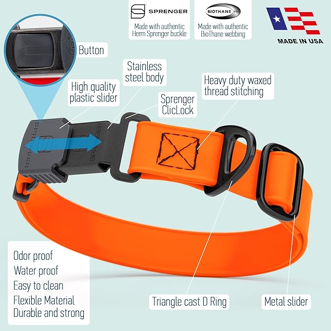 Dogline Biothane Waterproof Dog Collar with Herm Sprenger Stainless Steel Quick Release Buckle – Heavy Duty Tactical Durable Collar for Dogs – Comfortable and Safe Pet Collar, W 1" L 15-25", Orange-PurrikoPets