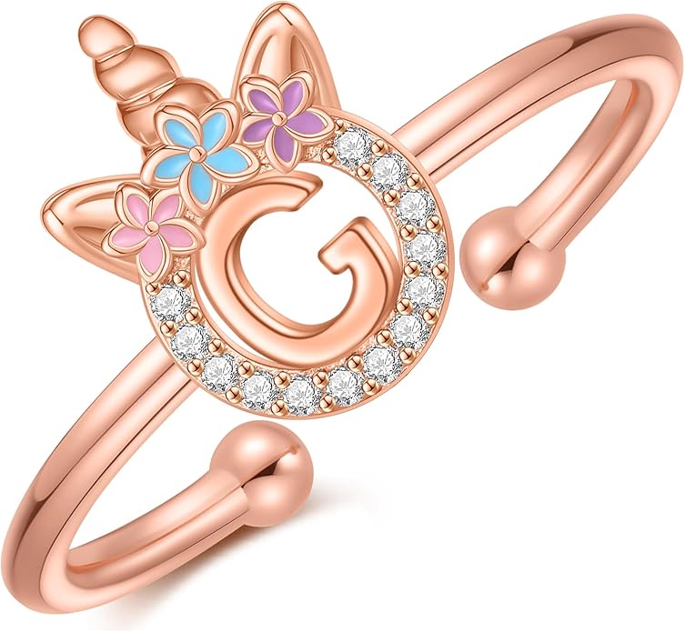 Unicorn Rings Gifts for Girls - Adjustable Initial Ring Dainty Cute Unicorn Rings for Girl Teens Little Girls Jewelry Birthday Gift
