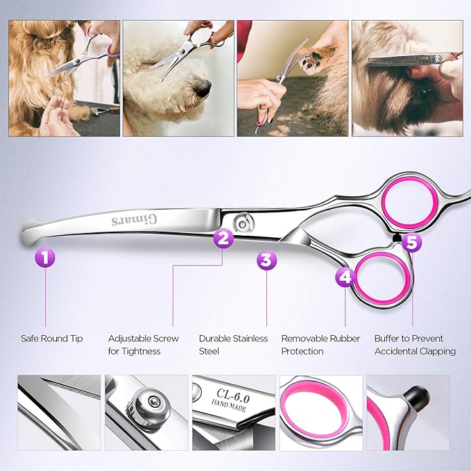 Gimars Professional 4CR Stainless Steel 6 in 1 Grooming Scissors for Dogs with Safety Round Tip, Heavy Duty Titanium Coated Pet Grooming Scissor for Dogs, Cats and Other Animals-PurrikoPets