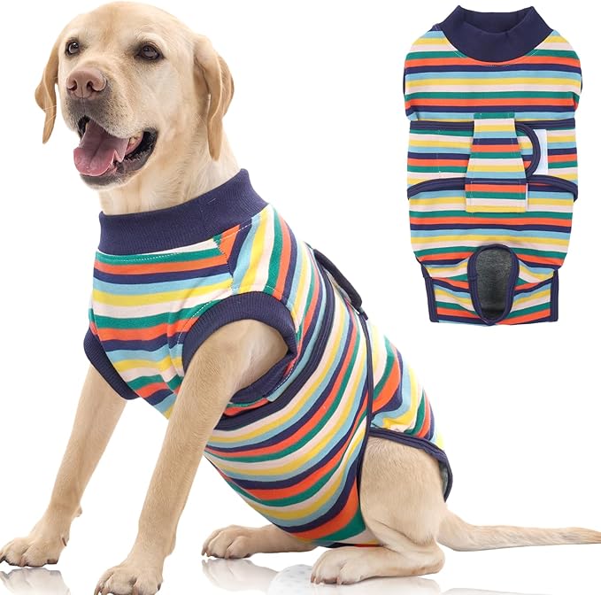 FUAMEY Recovery Suit for Dogs After Surgery,Soft Breathable Dog Bodysuit E-Collar & Cone Alternative Surgical Suit,Male Female Dog Neuter Spay Suits Anti Licking Wounds Onesie Dark Blue Stripes XXL-PurrikoPets