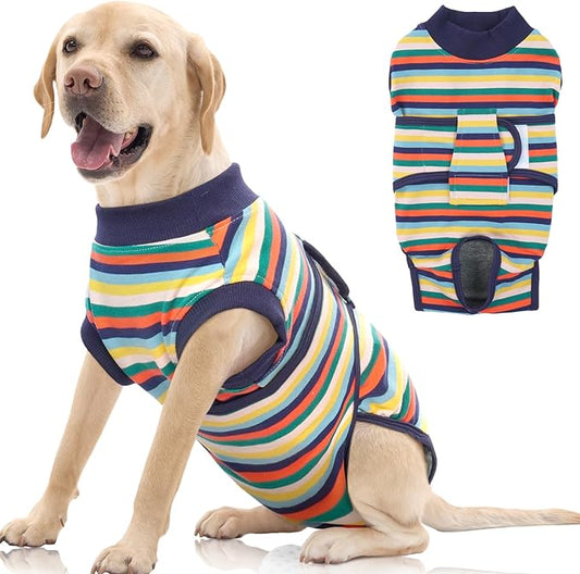 FUAMEY Recovery Suit for Dogs After Surgery,Soft Breathable Dog Bodysuit E-Collar & Cone Alternative Surgical Suit,Male Female Dog Neuter Spay Suits Anti Licking Wounds Onesie Dark Blue Stripes XL-PurrikoPets