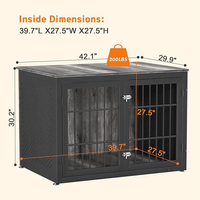 42" Heavy Duty Dog Crate Furniture for Large and Medium Dogs, Enclosed Design Wooden Metal Kennel, Wooden Cage Furniture Indoor, Decorative Dog Kennel End Table-PurrikoPets