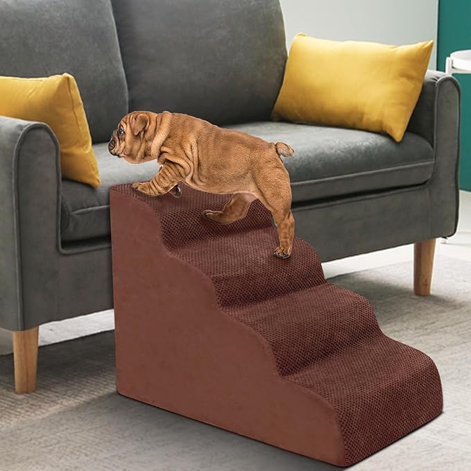 Dog Stairs for Small Dogs - High Density Foam Pet Steps, Extra Wide Dog Ramp with Non-Slip Bottom for High Beds, Couch and Sofa, Best for Dogs Injured, Older Doggy Cats,4 Steps, Brown-PurrikoPets