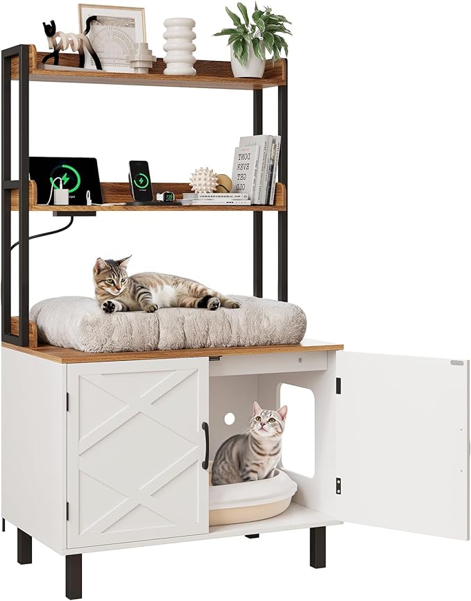55 Inches Cat Litter Box Enclosure, Hidden Litter Box Furniture with 2 Storage Shelves and Charging Sockets, Wooden Cat House, Large Indoor Cabinet for Living Room & Entryway, White-PurrikoPets