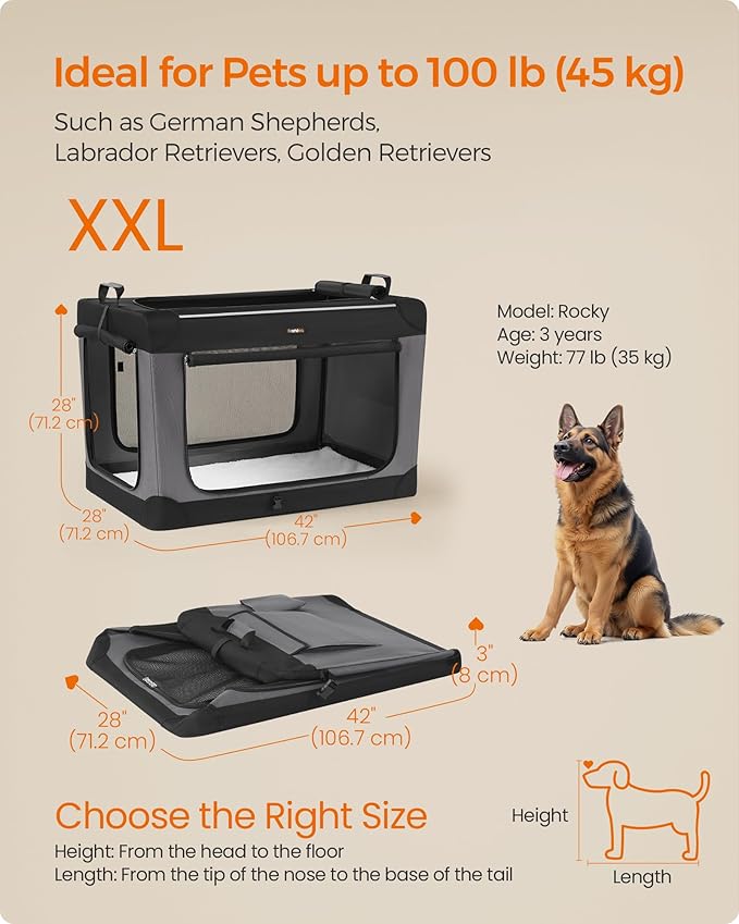 Feandrea Collapsible Dog Crate, 42-Inch Portable Dog Travel Crate for Large Dogs, Oxford Fabric Pet Carrier with 4 Mesh Doors, Handles, Storage Pocket, Water Bottle Holder, Ink Black UPDC021B01-PurrikoPets