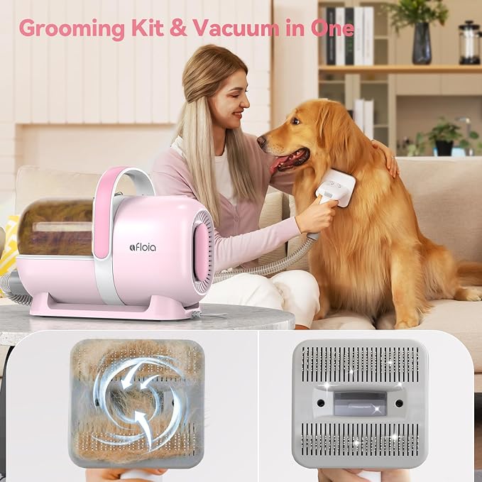 Afloia 6-in-1 Dog Grooming Kit, Pet Grooming Vacuum for Shedding, Dog Hair Vacuum with Clipper Nail Trimmer Grinder, Pet Brush Groomer at Home, Low Noise Cats Hair Remover, 1.5L Dust Cup, Pink-PurrikoPets