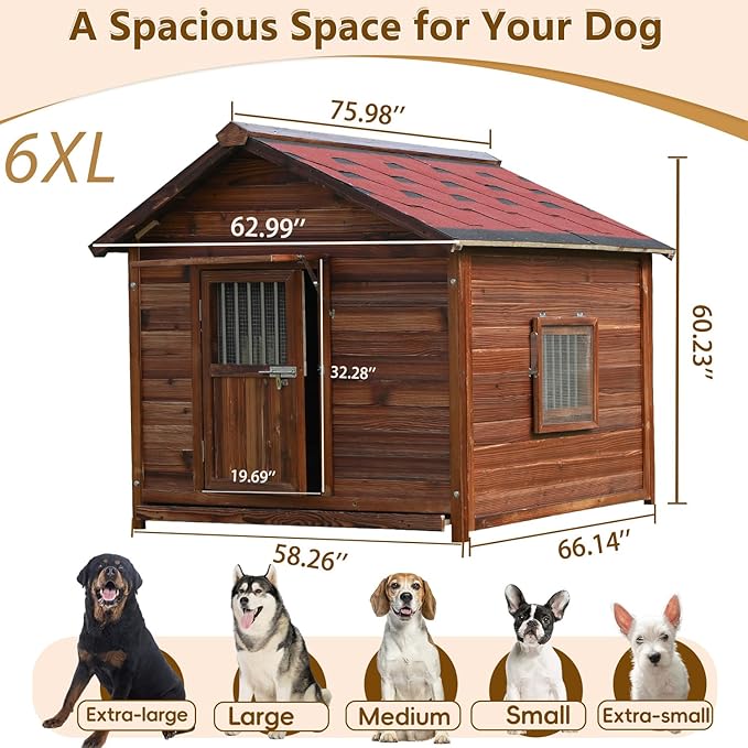 Extra Large Wooden Dog House Outdoor, Waterproof Heavy Duty Dog House Outside with Door and Adjustable Window, Large Outdoor Pet Kennel, 6XL-PurrikoPets
