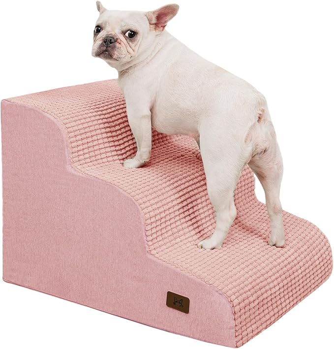 Dog Step for Bed, Dog Stair 3-Step 35D Pet Stair 15.7" H for High Bed or Sofa Non-Slip Balanced Pet Step Indoor, Pink-PurrikoPets