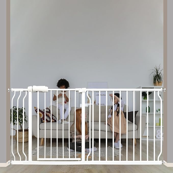 Extra Wide Baby & Dog Gate 62-67 Inch, Pressure Mounted No Drilling, Adjustable Indoor Safety Gate for Stairs & Wide Doorways - Metal Design for Kids and Pets, White-PurrikoPets